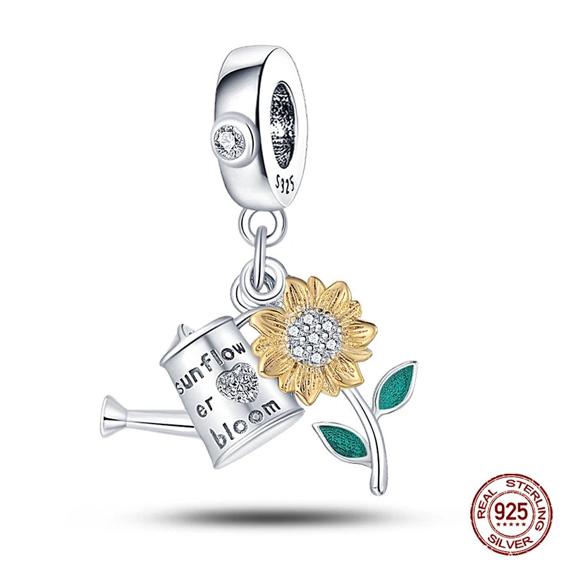 Golden Sunflowers Heart Charms Beads 925 Sterling Silver ﻿Original Bracelets Luxury Party DIY Jewelry 912349723-100S