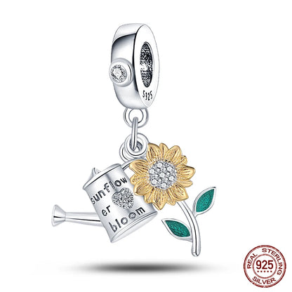 Golden Sunflowers Heart Charms Beads 925 Sterling Silver ﻿Original Bracelets Luxury Party DIY Jewelry 912349723-100S