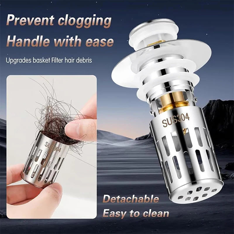 Tapón de drenaje para lavabo de baño, tapón de fregadero universal 2 en 1, emergente con filtro de acero inoxidable extraíble antiobstrucciones, tapón de drenaje para el cabello, tapón antiolor 
