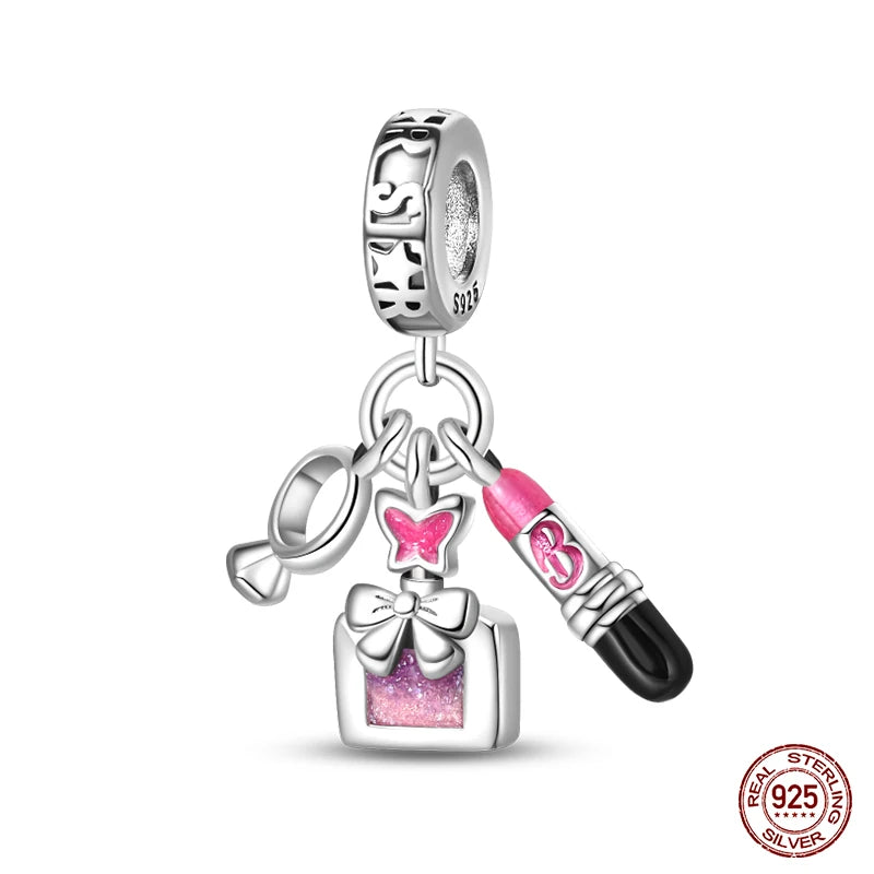 Fashion Pink Princess Skirt Bag Lipstick Charms Beads Original Bracelet Fine DIY Jewelry 925 Sterling Silver 912349723-900S