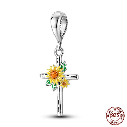 Golden Sunflowers Heart Charms Beads 925 Sterling Silver ﻿Original Bracelets Luxury Party DIY Jewelry 912349723-100S