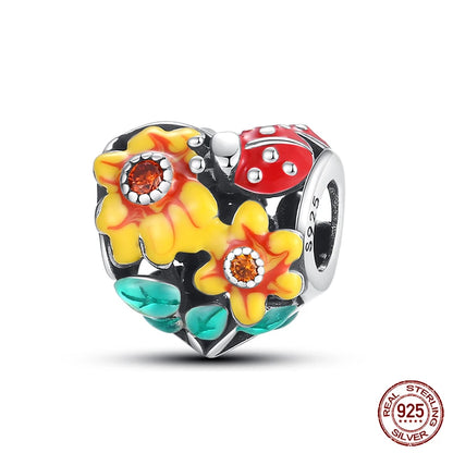 Golden Sunflowers Heart Charms Beads 925 Sterling Silver ﻿Original Bracelets Luxury Party DIY Jewelry 912349723-100S