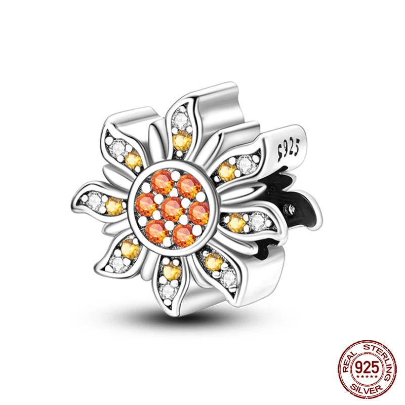 Golden Sunflowers Heart Charms Beads 925 Sterling Silver ﻿Original Bracelets Luxury Party DIY Jewelry 912349723-100S