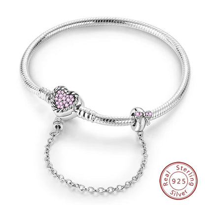 Original 925 Sterling Silver Snake Chain Heart-Shaped  Bracelets Fit Pandora Charms Beads  DIY Jewelry 912349723-KJB080