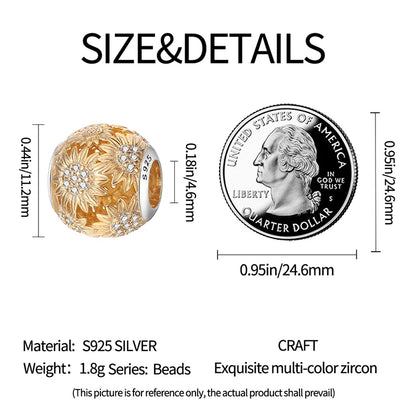 Golden Sunflowers Heart Charms Beads 925 Sterling Silver ﻿Original Bracelets Luxury Party DIY Jewelry 912349723-100S