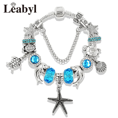 Classic Design Dolphin Charm Bracelets & Bangles for Women Jewelry Gift Blue Murano Crystal Glass Diy Bead Bracelets 1102936551-B