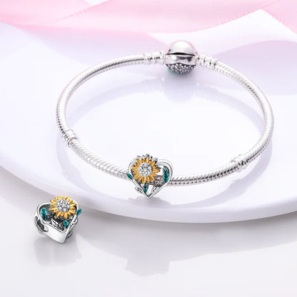 Golden Sunflowers Heart Charms Beads 925 Sterling Silver ﻿Original Bracelets Luxury Party DIY Jewelry 912349723-100S