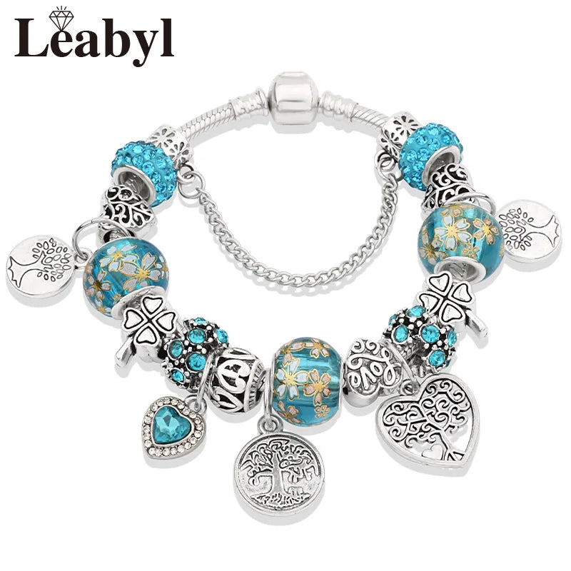 Retro Silver Tree of Life Charm Bracelet Green Crystal Flower Bead  DIY Jewelry 1102936551-B