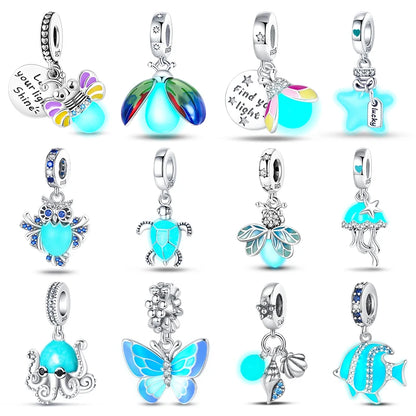 Glow in the dark  Firefly Honeybee Star  925 Silver Charms Beads  Original Bracelets Fine DIY Jewelry 912349723-200S