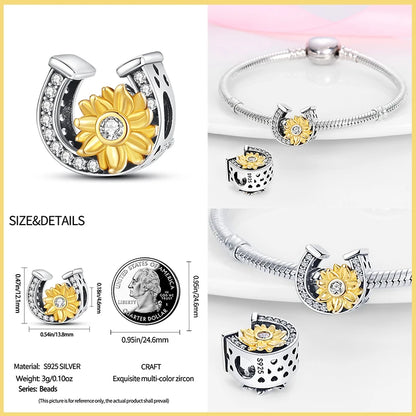 Golden Sunflowers Heart Charms Beads 925 Sterling Silver ﻿Original Bracelets Luxury Party DIY Jewelry 912349723-100S