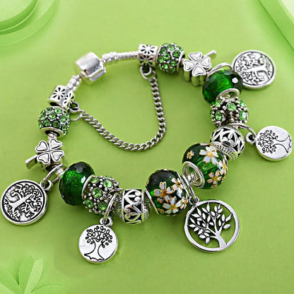 Retro Silver Tree of Life Charm Bracelet Green Crystal Flower Bead  DIY Jewelry 1102936551-B