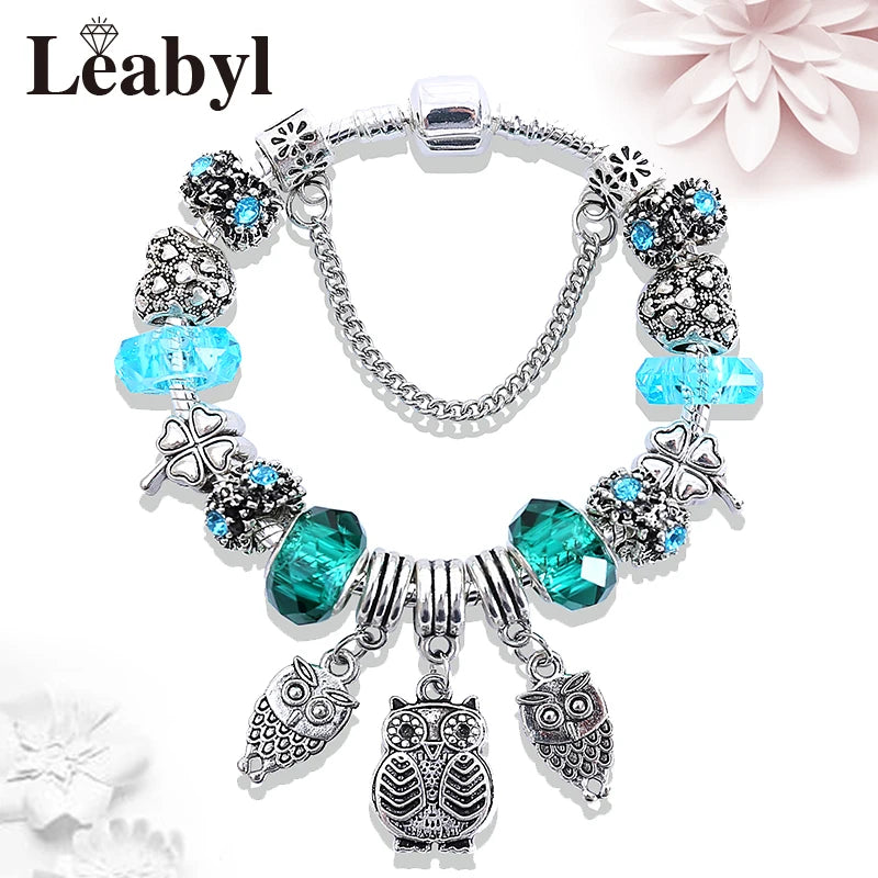 Retro Silver Tree of Life Charm Bracelet Green Crystal Flower Bead  DIY Jewelry 1102936551-B