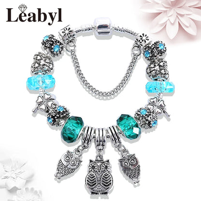 Retro Silver Tree of Life Charm Bracelet Green Crystal Flower Bead  DIY Jewelry 1102936551-B