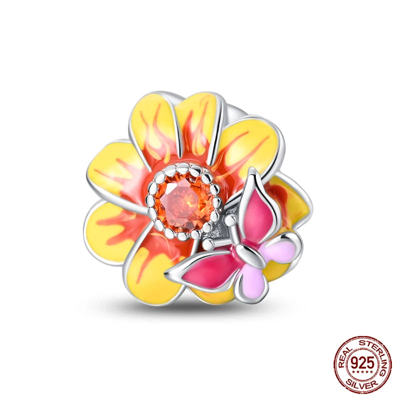 Golden Sunflowers Heart Charms Beads 925 Sterling Silver ﻿Original Bracelets Luxury Party DIY Jewelry 912349723-100S