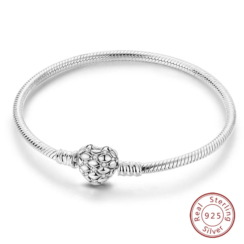 Original 925 Sterling Silver Snake Chain Heart-Shaped  Bracelets Fit Pandora Charms Beads  DIY Jewelry 912349723-KJB078