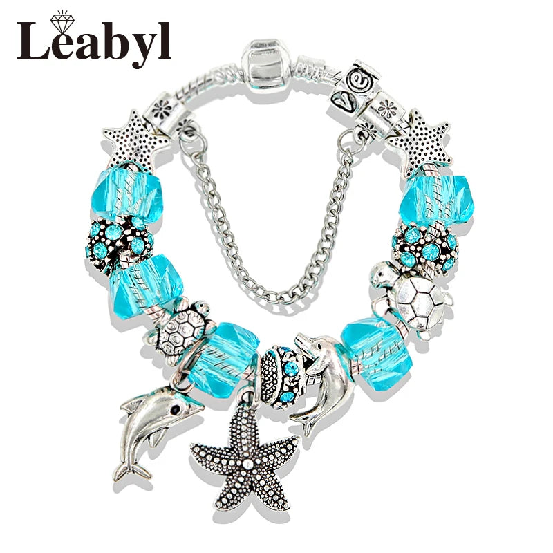 Classic Design Dolphin Charm Bracelets & Bangles for Women Jewelry Gift Blue Murano Crystal Glass Diy Bead Bracelets 1102936551-B