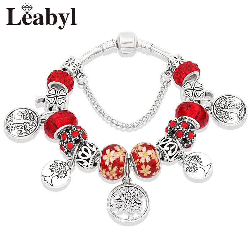 Retro Silver Tree of Life Charm Bracelet Green Crystal Flower Bead  DIY Jewelry 1102936551-B