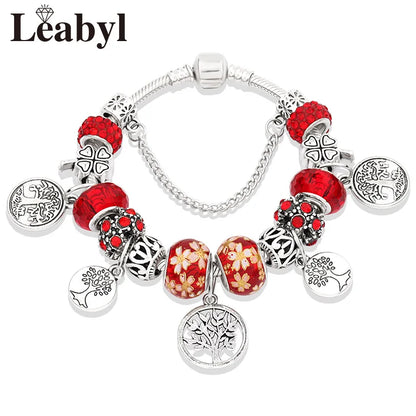 Retro Silver Tree of Life Charm Bracelet Green Crystal Flower Bead  DIY Jewelry 1102936551-B