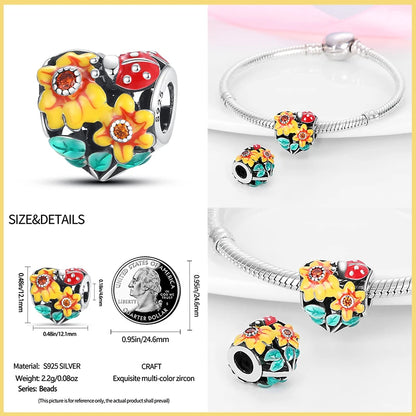 Golden Sunflowers Heart Charms Beads 925 Sterling Silver ﻿Original Bracelets Luxury Party DIY Jewelry 912349723-100S