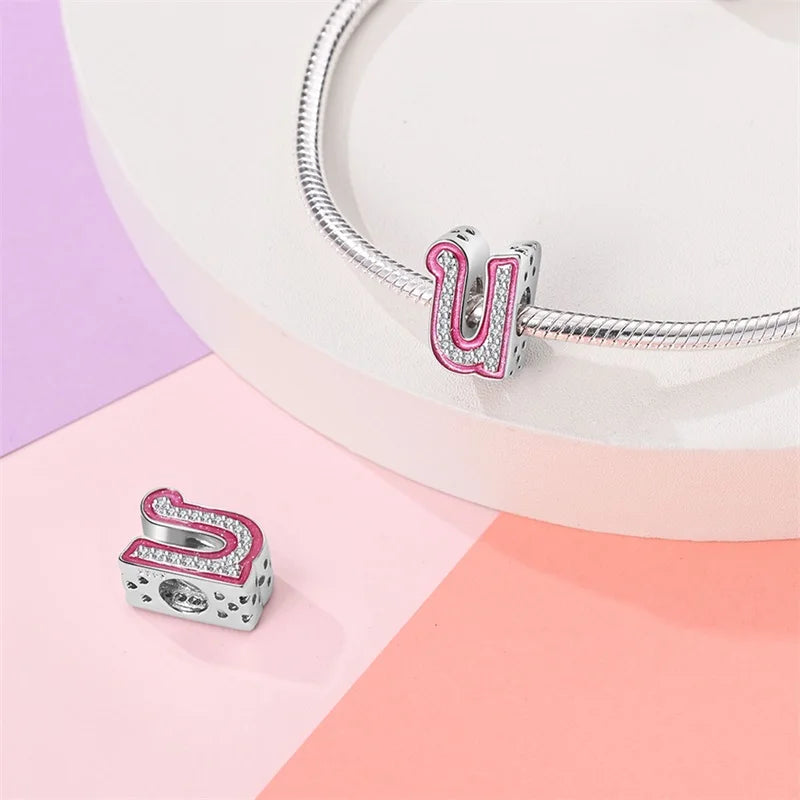 Romantic Pink 26 Letters DIY Love Charms Beads Original Bracelet Fine DIY Jewelry 925 Sterling Silver 912349723-L100S
