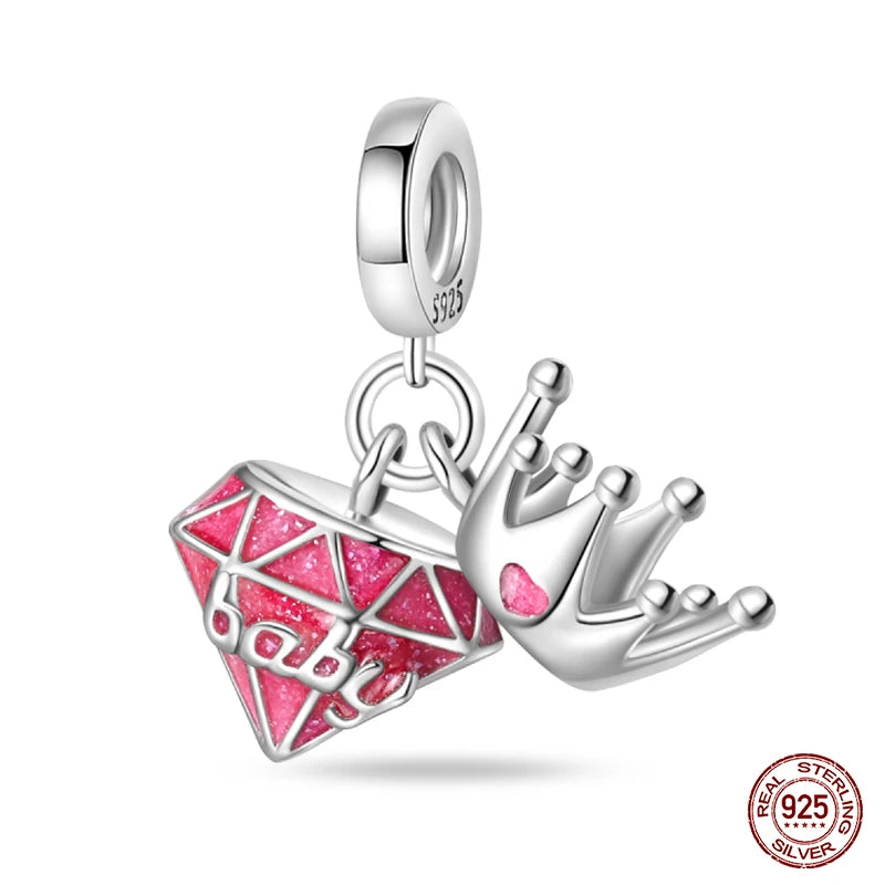 Fashion Pink Princess Skirt Bag Lipstick Charms Beads Original Bracelet Fine DIY Jewelry 925 Sterling Silver 912349723-900S