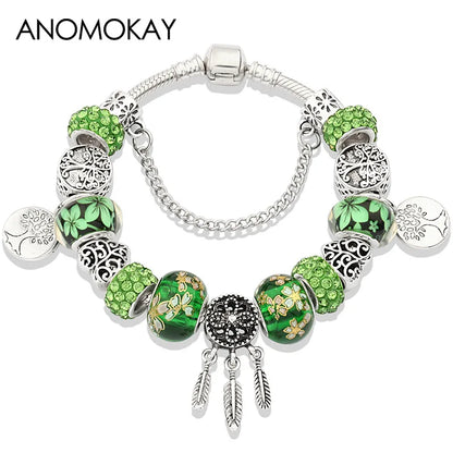 Retro Silver Tree of Life Charm Bracelet Green Crystal Flower Bead  DIY Jewelry 1102936551-B