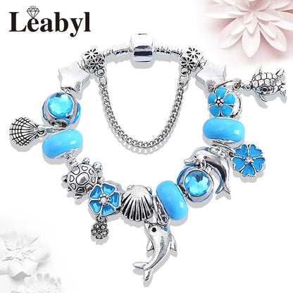 Classic Design Dolphin Charm Bracelets & Bangles for Women Jewelry Gift Blue Murano Crystal Glass Diy Bead Bracelets 1102936551-B
