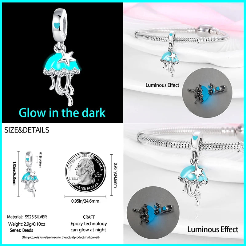 Glow in the dark  Firefly Honeybee Star  925 Silver Charms Beads  Original Bracelets Fine DIY Jewelry 912349723-200S