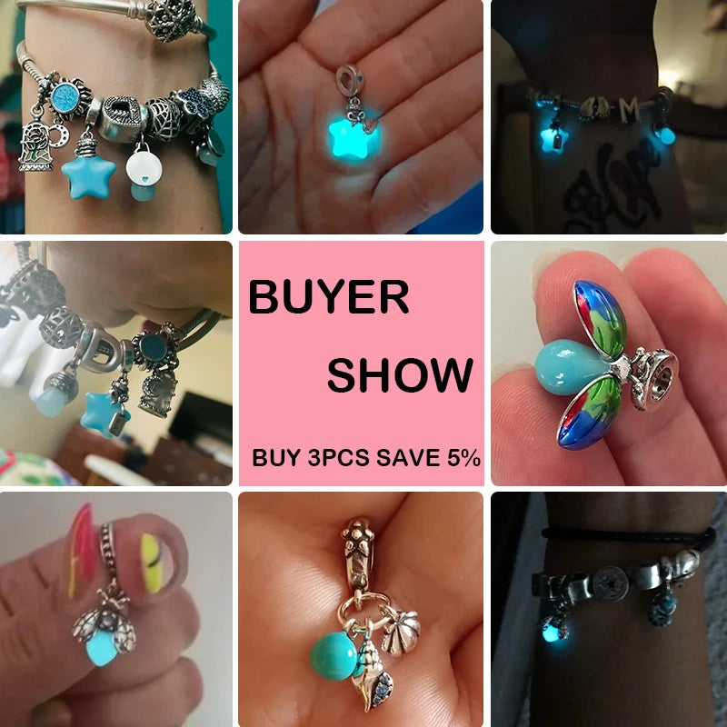 Glow in the dark  Firefly Honeybee Star  925 Silver Charms Beads  Original Bracelets Fine DIY Jewelry 912349723-200S