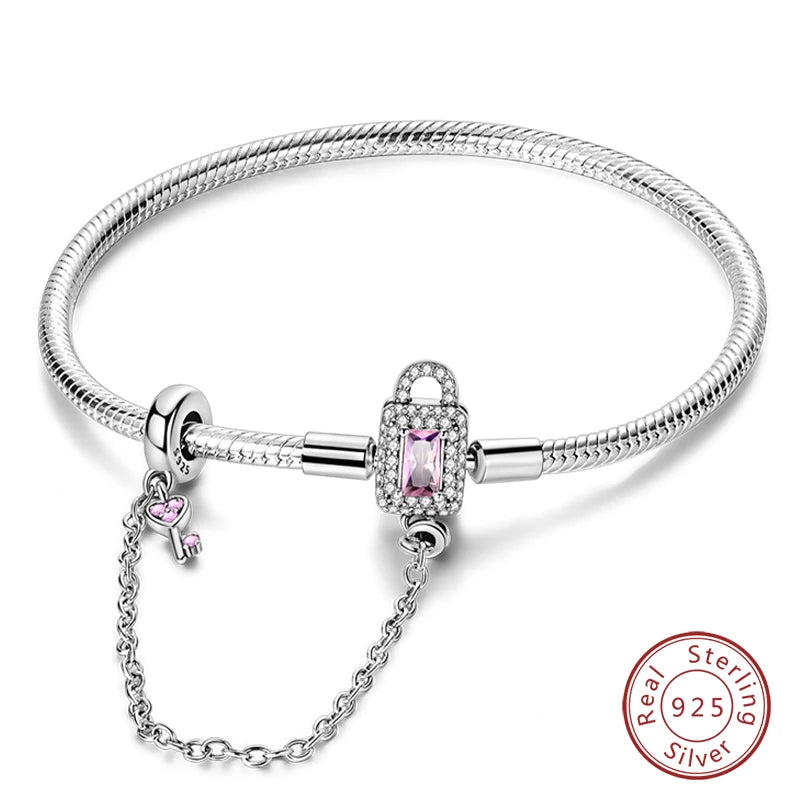 Original 925 Sterling Silver Snake Chain Heart-Shaped  Bracelets Fit Pandora Charms Beads  DIY Jewelry 912349723-KJB081