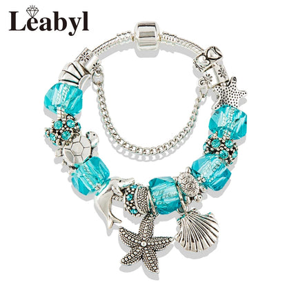 Classic Design Dolphin Charm Bracelets & Bangles for Women Jewelry Gift Blue Murano Crystal Glass Diy Bead Bracelets 1102936551-B