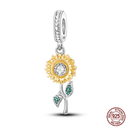 Golden Sunflowers Heart Charms Beads 925 Sterling Silver ﻿Original Bracelets Luxury Party DIY Jewelry 912349723-100S