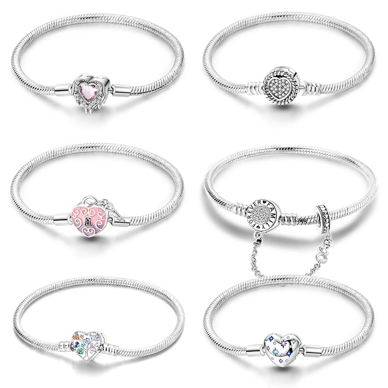 Original 925 Sterling Silver Snake Chain Heart-Shaped  Bracelets Fit Pandora Charms Beads  DIY Jewelry 912349723-PAB038