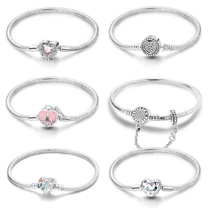 Original 925 Sterling Silver Snake Chain Heart-Shaped  Bracelets Fit Pandora Charms Beads  DIY Jewelry 912349723-KJB084