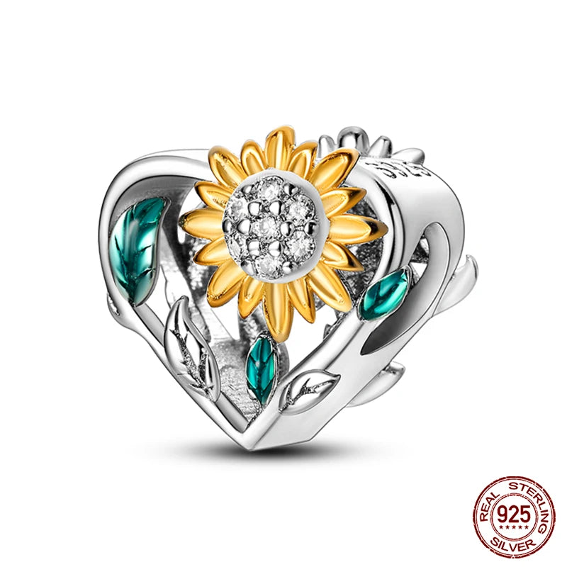 Golden Sunflowers Heart Charms Beads 925 Sterling Silver ﻿Original Bracelets Luxury Party DIY Jewelry 912349723-100S