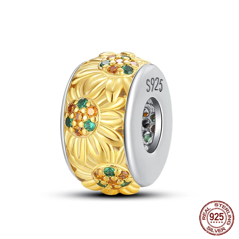Golden Sunflowers Heart Charms Beads 925 Sterling Silver ﻿Original Bracelets Luxury Party DIY Jewelry 912349723-100S
