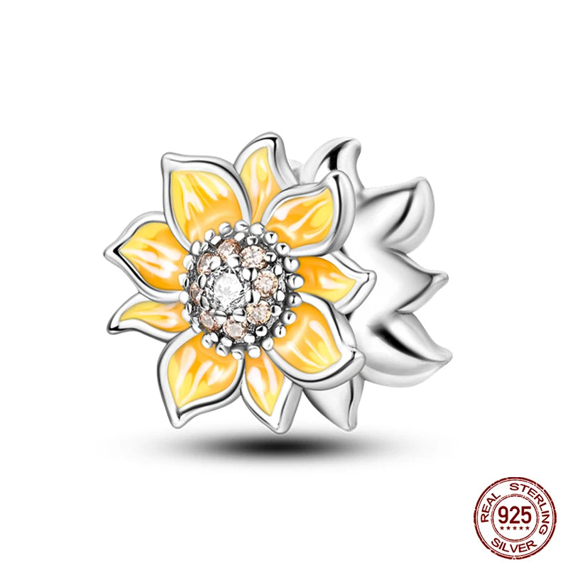 Golden Sunflowers Heart Charms Beads 925 Sterling Silver ﻿Original Bracelets Luxury Party DIY Jewelry 912349723-100S