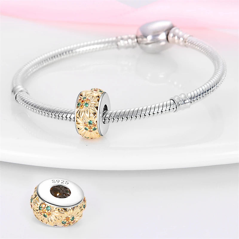 Golden Sunflowers Heart Charms Beads 925 Sterling Silver ﻿Original Bracelets Luxury Party DIY Jewelry 912349723-100S
