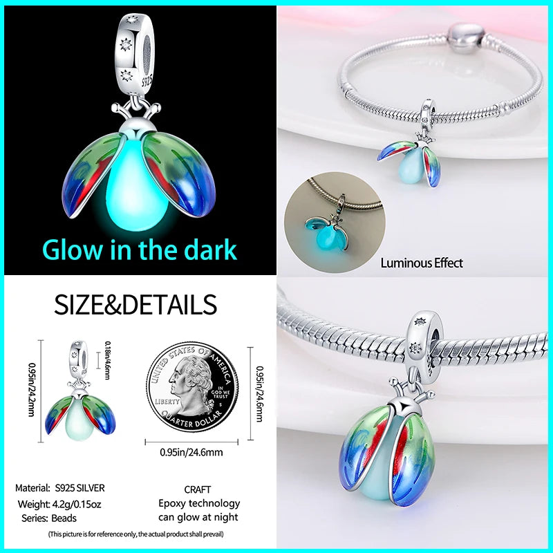 Glow in the dark  Firefly Honeybee Star  925 Silver Charms Beads  Original Bracelets Fine DIY Jewelry 912349723-200S