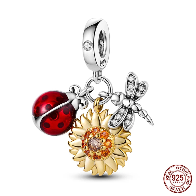 Golden Sunflowers Heart Charms Beads 925 Sterling Silver ﻿Original Bracelets Luxury Party DIY Jewelry 912349723-100S