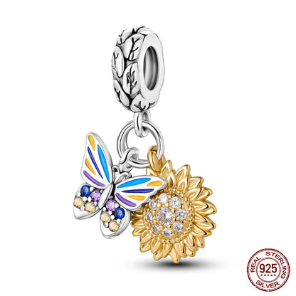 Golden Sunflowers Heart Charms Beads 925 Sterling Silver ﻿Original Bracelets Luxury Party DIY Jewelry 912349723-100S