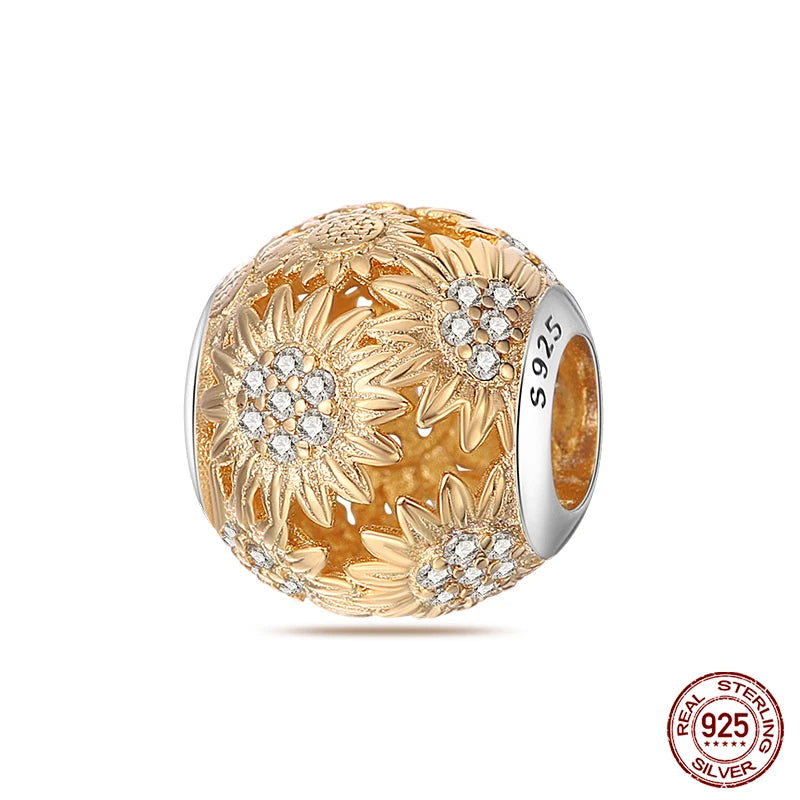 Golden Sunflowers Heart Charms Beads 925 Sterling Silver ﻿Original Bracelets Luxury Party DIY Jewelry 912349723-100S