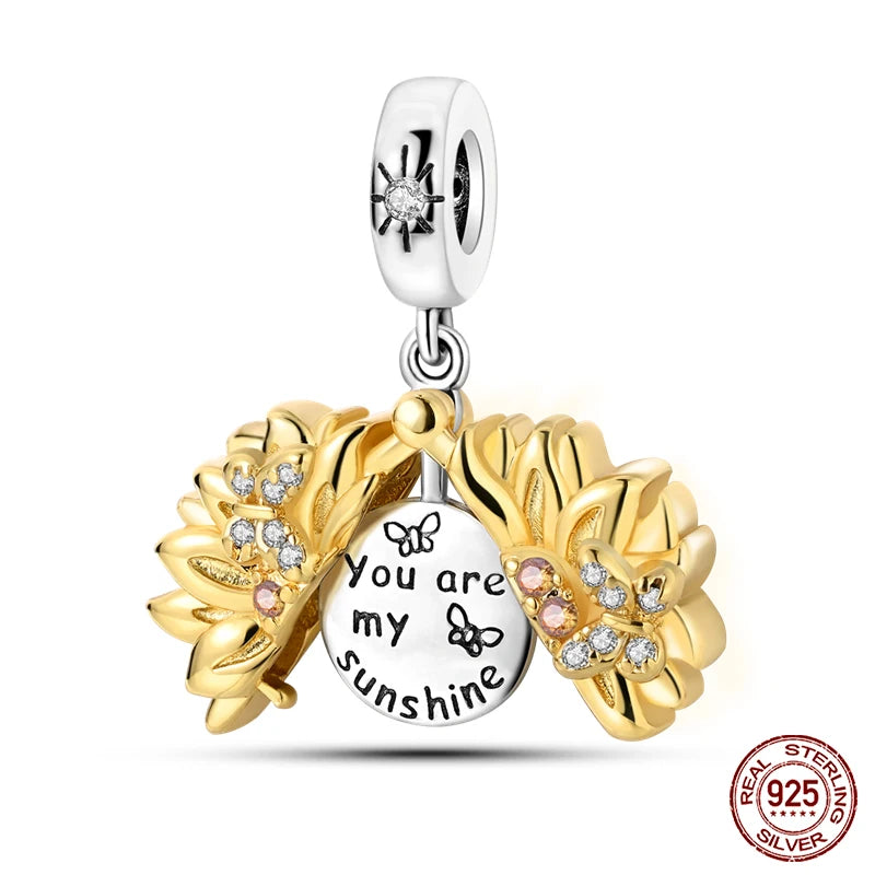 Golden Sunflowers Heart Charms Beads 925 Sterling Silver ﻿Original Bracelets Luxury Party DIY Jewelry 912349723-100S