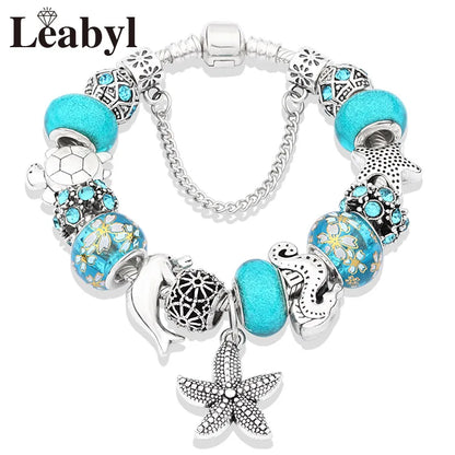 Classic Design Dolphin Charm Bracelets & Bangles for Women Jewelry Gift Blue Murano Crystal Glass Diy Bead Bracelets 1102936551-B