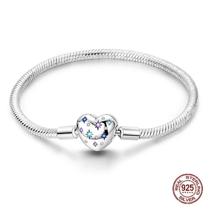 Original 925 Sterling Silver Snake Chain Heart-Shaped  Bracelets Fit Pandora Charms Beads  DIY Jewelry 912349723-KJB054