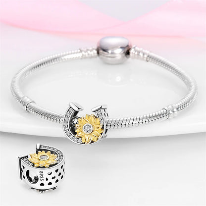 Golden Sunflowers Heart Charms Beads 925 Sterling Silver ﻿Original Bracelets Luxury Party DIY Jewelry 912349723-100S
