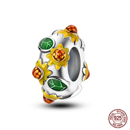 Golden Sunflowers Heart Charms Beads 925 Sterling Silver ﻿Original Bracelets Luxury Party DIY Jewelry 912349723-100S