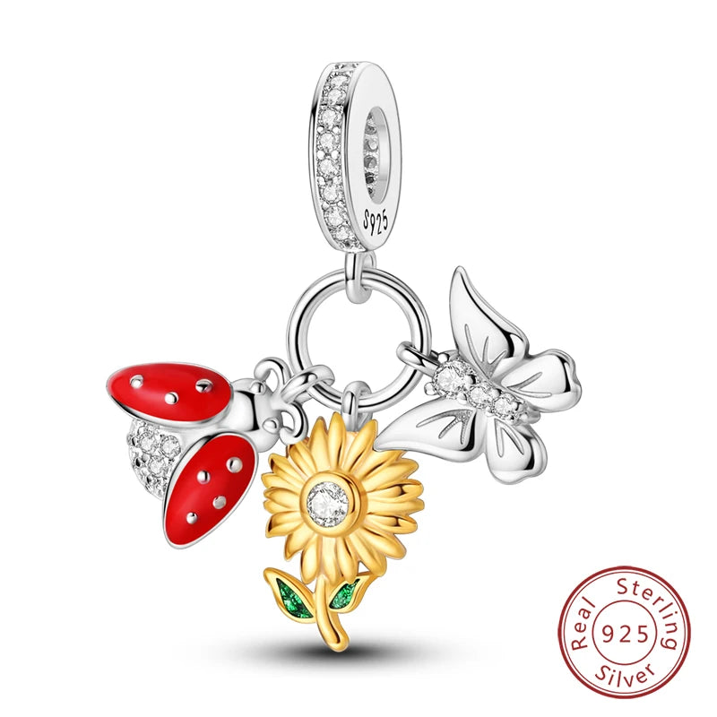Golden Sunflowers Heart Charms Beads 925 Sterling Silver ﻿Original Bracelets Luxury Party DIY Jewelry 912349723-100S