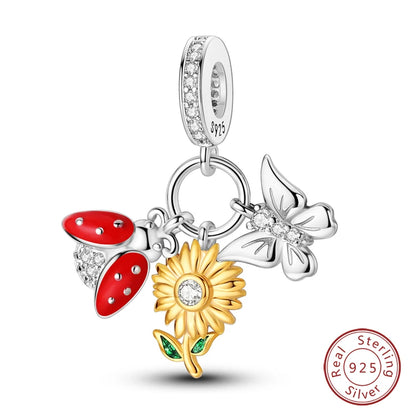 Golden Sunflowers Heart Charms Beads 925 Sterling Silver ﻿Original Bracelets Luxury Party DIY Jewelry 912349723-100S