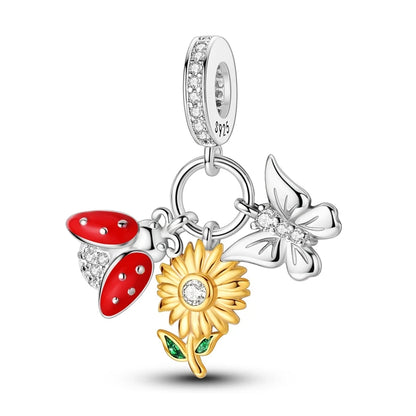 Golden Sunflowers Heart Charms Beads 925 Sterling Silver ﻿Original Bracelets Luxury Party DIY Jewelry 912349723-100S